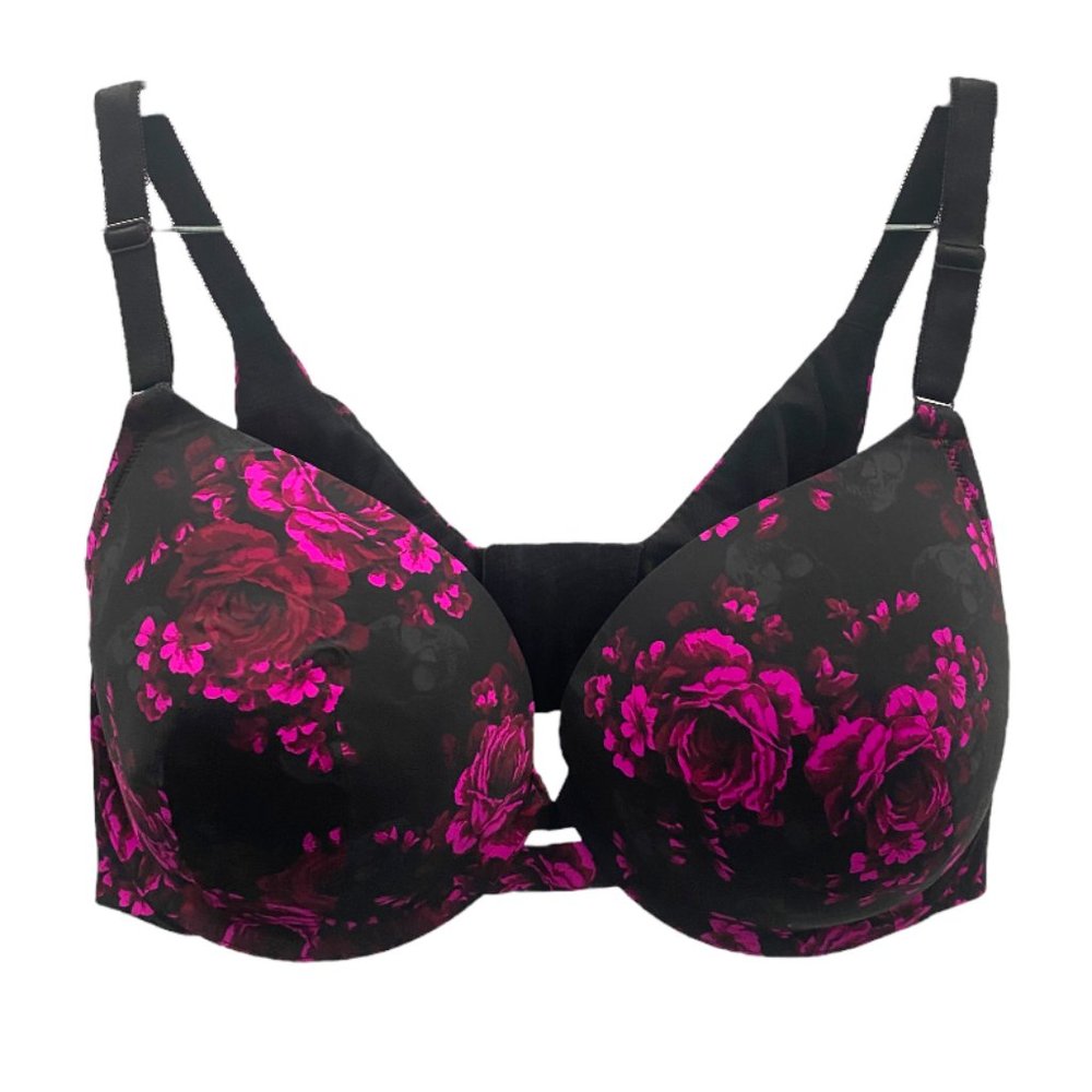 LIKE NEW!! 42DD TORRID BLACK PINK FLORAL PLUNGE LIGHTLY LINED BACK SMOOTHING BRA